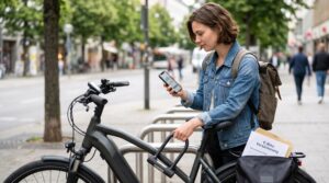 Junge erwachsene Person prüft Schloss und Unterlagen neben einem hochwertigen E-Bike im urbanen Außenbereich
