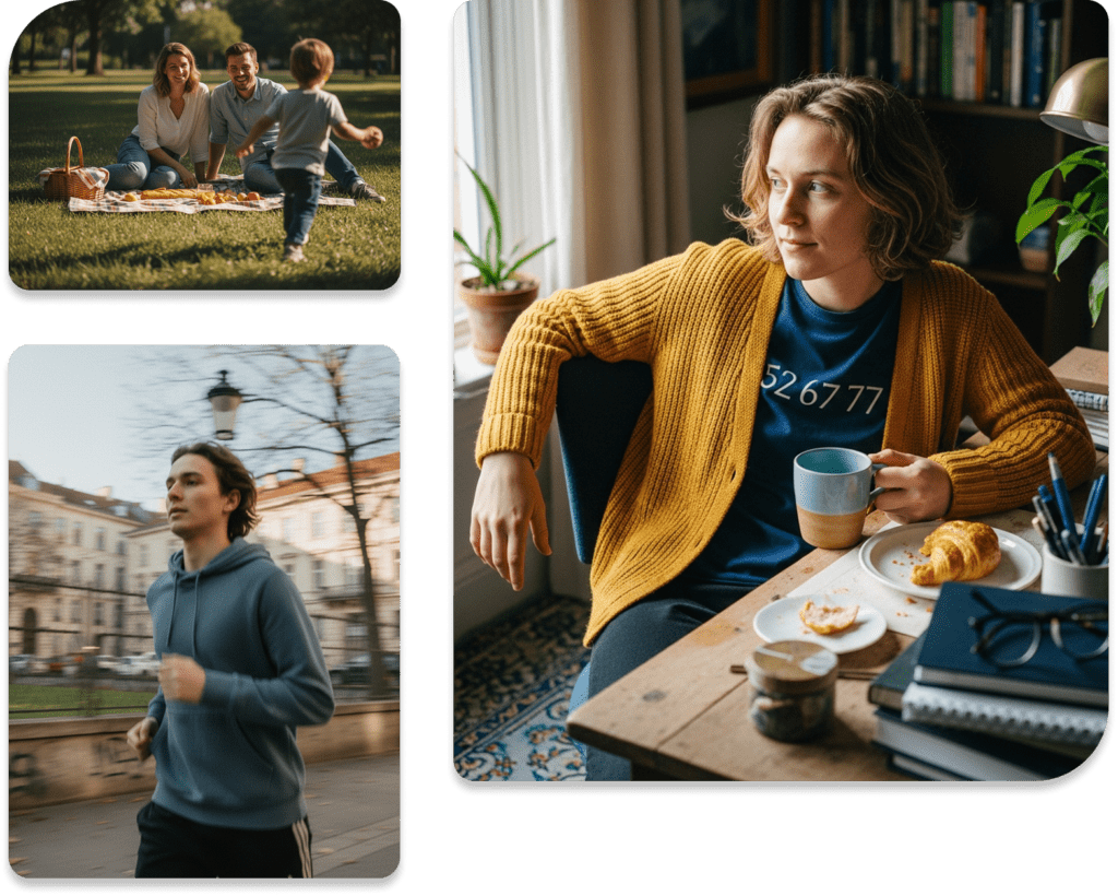 Collage aus drei Lifestyle-Szenen: Eine Familie genießt ein Picknick im sonnigen Park, ein junger Mann joggt durch die Stadt und eine Person sitzt entspannt mit einer Tasse Kaffee und Büchern an einem Schreibtisch.