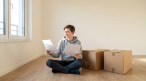 Junge sitzt in seinem ersten apartment neben Unzugskartons und liest sich Dokumente durch.