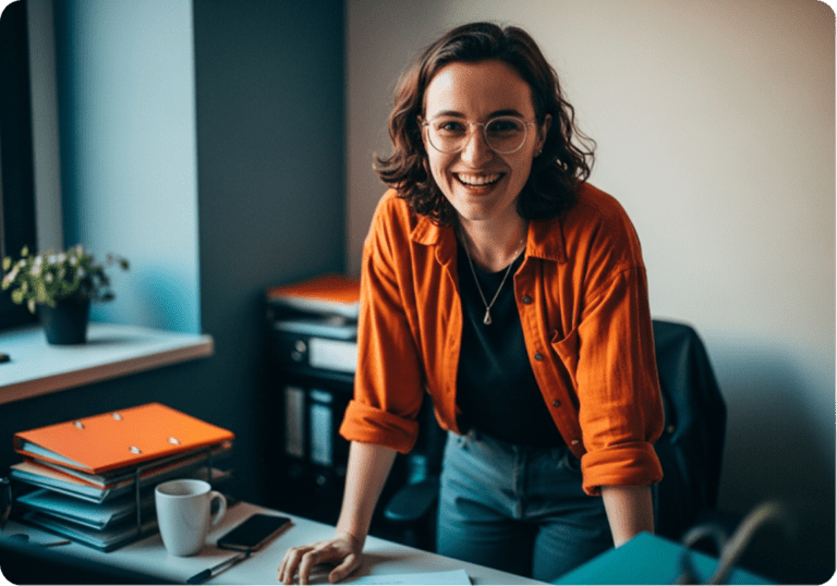 Junge Frau arbeitet am Schreibtisch mit Kaffee