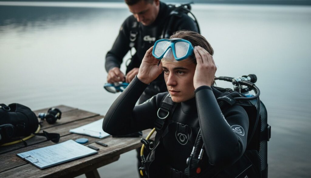 Junger Erwachsener bereitet sich mit Tauchlehrer an einem ruhigen Seeufer auf einen Anfängertauchkurs vor