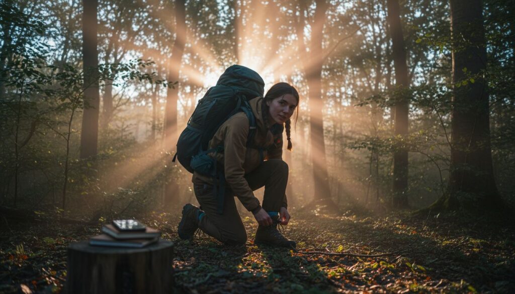Junge Frau mit Rucksack im Morgenlicht auf einer Waldwanderung – Ausdruck von Abenteuer und Eigenständigkeit