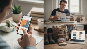 Junger europäischer Reisender beim Planen seines Work and Travel-Abenteuers mit Versicherungsunterlagen am Schreibtisch