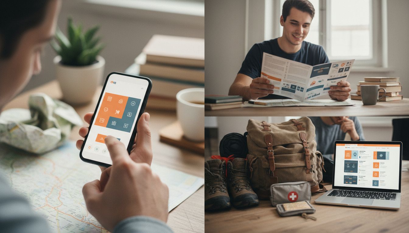 Junger europäischer Reisender beim Planen seines Work and Travel-Abenteuers mit Versicherungsunterlagen am Schreibtisch