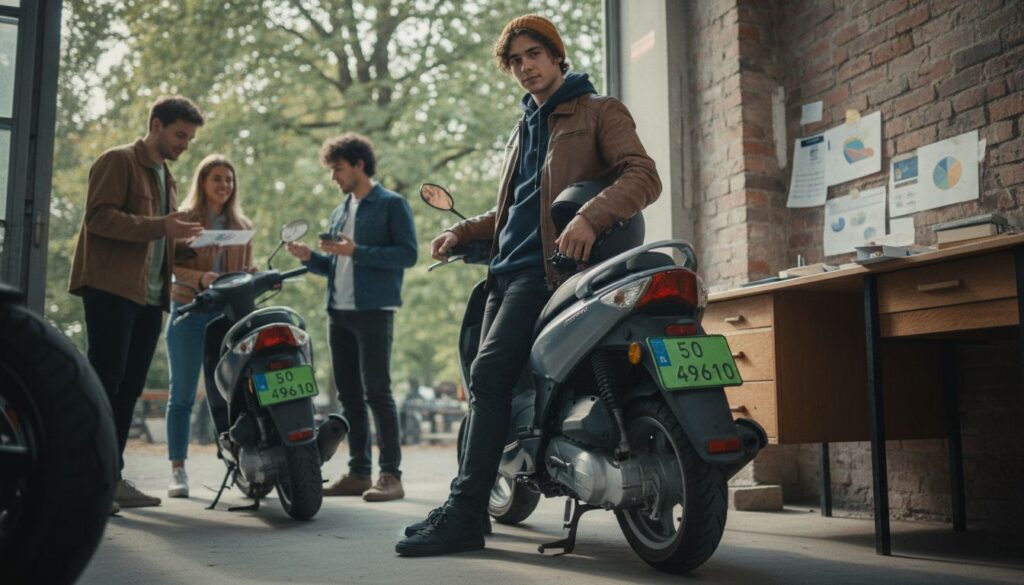 Junger Europäer steht selbstbewusst neben einem modernen Moped mit grünem Versicherungskennzeichen