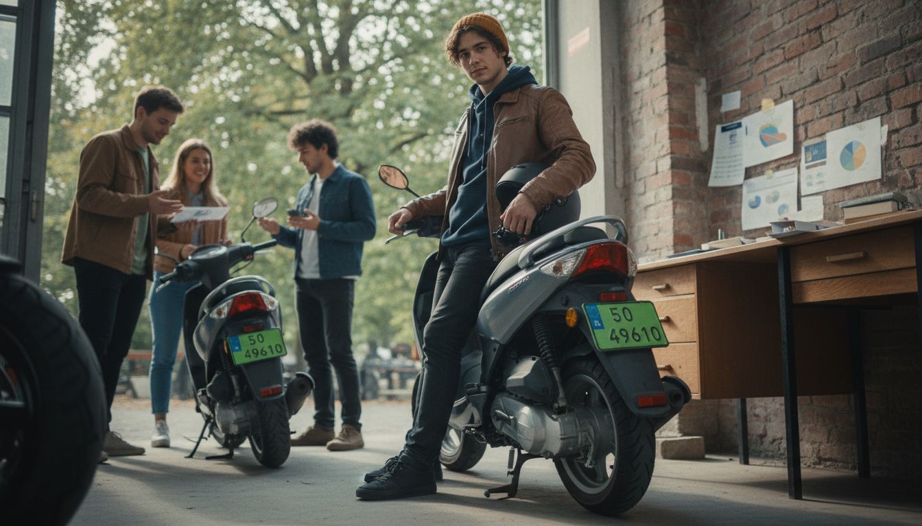 Junger Europäer steht selbstbewusst neben einem modernen Moped mit grünem Versicherungskennzeichen