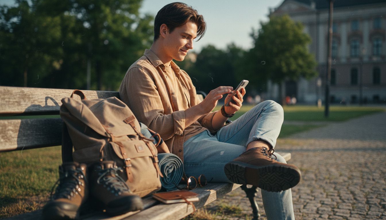 Junger Erwachsener auf Parkbank mit Reisegepäck, schaut entspannt aufs Smartphone