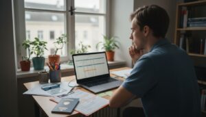 Junger Erwachsener plant am Schreibtisch sein Auslandsstudium mit Laptop, Pässen und Formularen