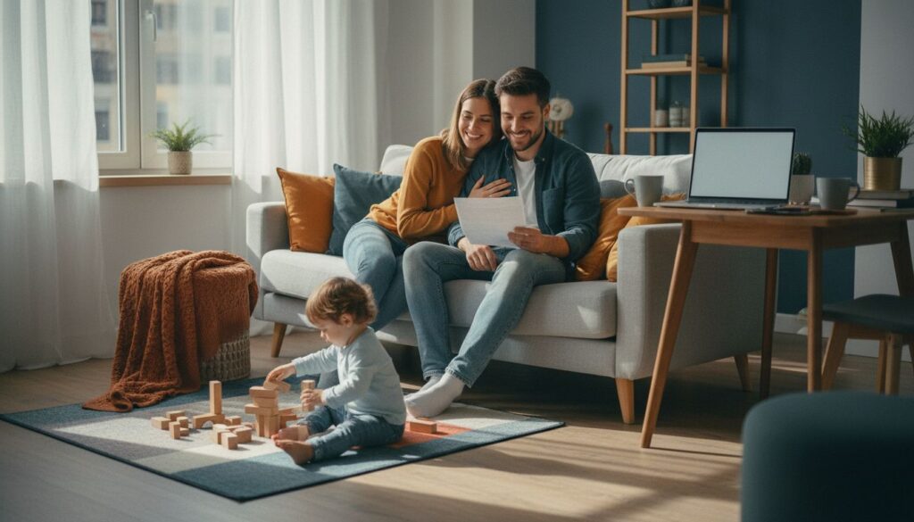 Junges Paar mit Kleinkind in gemütlicher Wohnung bespricht gemeinsam eine Versicherung