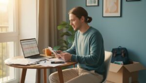 Junger Erwachsener sortiert Steuerunterlagen in gemütlichem Homeoffice