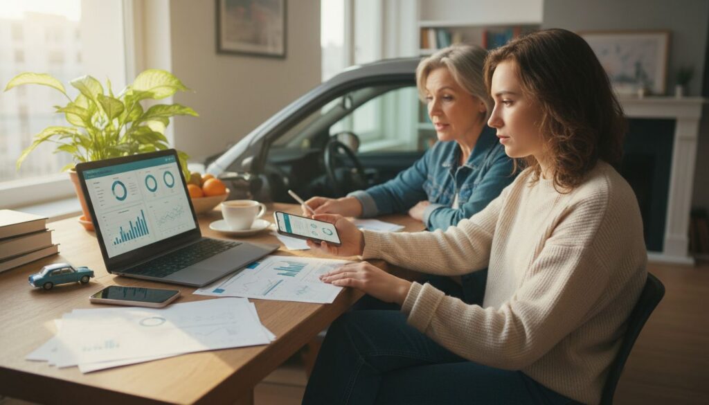 Junge Fahrerin prüft Kfz-Versicherung zusammen mit Mutter an Laptop und Smartphone
