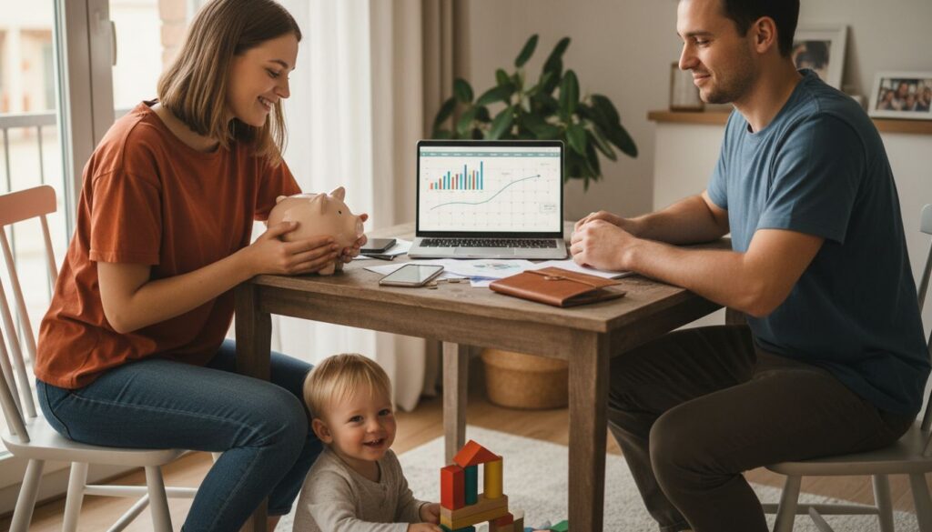 Eltern sitzen am Esstisch mit Laptop und Sparschwein, Kleinkind spielt neben ihnen