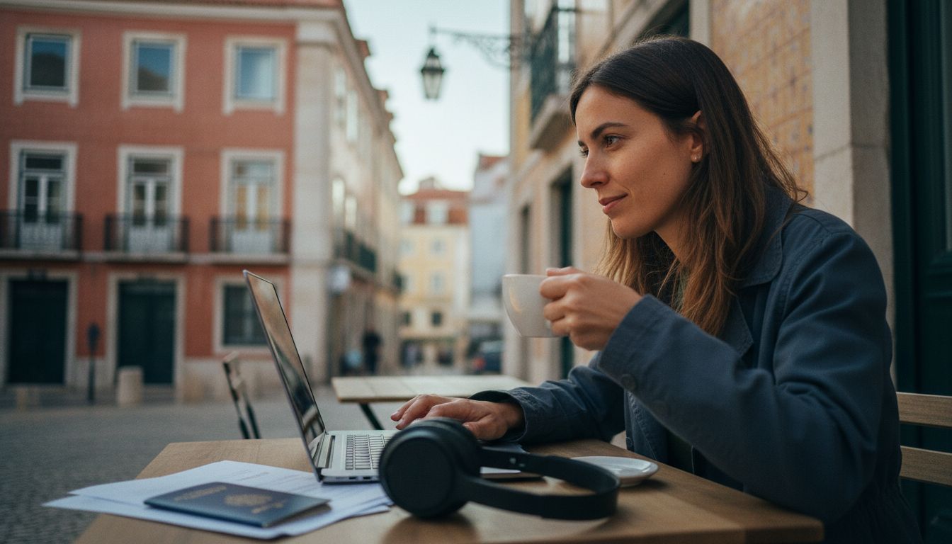Junge Europäerin arbeitet an einem Laptop draußen in einer schönen Altstadtumgebung mit einer Tasse Kaffee
