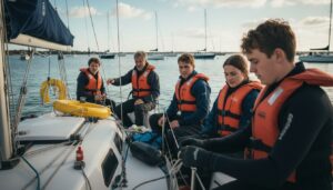 Junge Seglergruppe mit Schwimmwesten beim praktischen Segeltraining auf einem kleinen Boot
