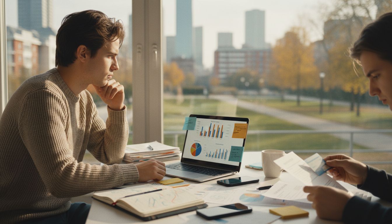 Nachdenklicher junger Berufseinsteiger am Schreibtisch mit Laptop und Versicherungsunterlagen