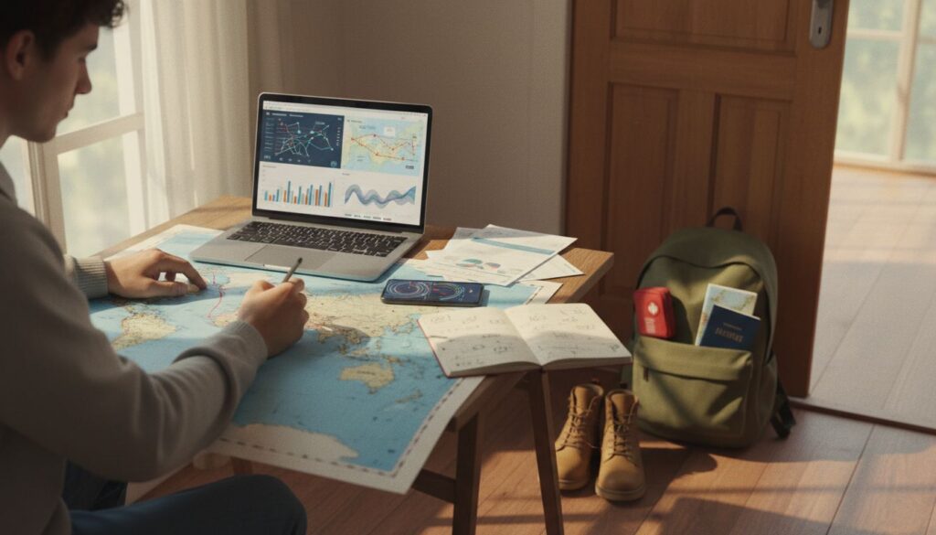 Junger Erwachsener plant Weltreise am Schreibtisch mit Karte, Laptop und Reisedokumenten