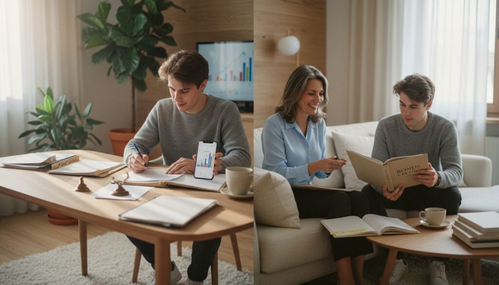 Junger Europäer am Schreibtisch bei der Finanzplanung mit Laptop und Beraterin