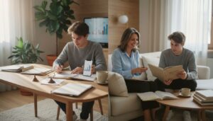 Junger Europäer am Schreibtisch bei der Finanzplanung mit Laptop und Beraterin