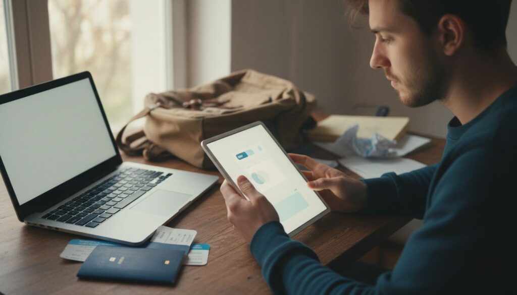 Junger Erwachsener plant Reise mit Tablet, Laptop und Reisepapieren am Schreibtisch