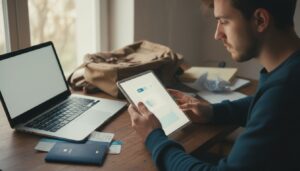 Junger Erwachsener plant Reise mit Tablet, Laptop und Reisepapieren am Schreibtisch