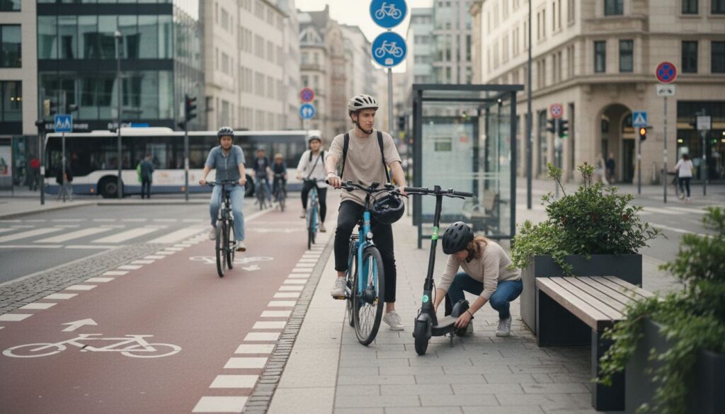 Junger Erwachsener in der Stadt zwischen E-Bike und E-Scooter mit Verkehrsschildern im Hintergrund