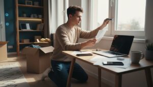 Junger Erwachsener installiert Fensterverriegelung in moderner Wohnung neben Schreibtisch mit Versicherungsunterlagen