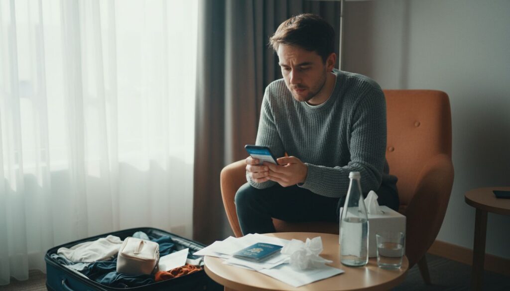 Junger Reisender mit Smartphone und Gesundheitsunterlagen im Hotelzimmer