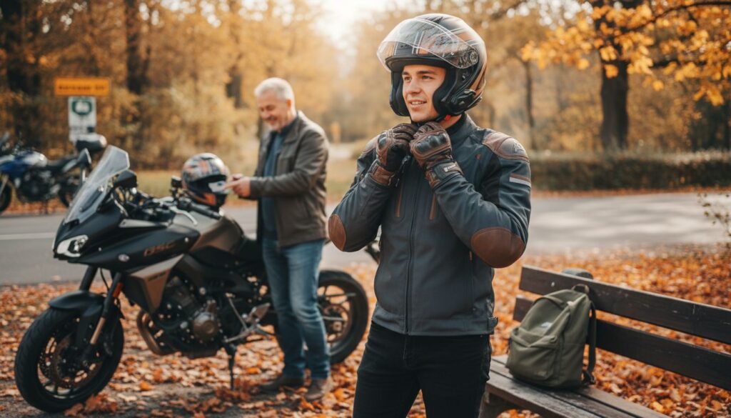 Junger Motorradfahrer zieht draußen im Herbst seine Motorradschutzausrüstung an, modernes Motorrad im Hintergrund