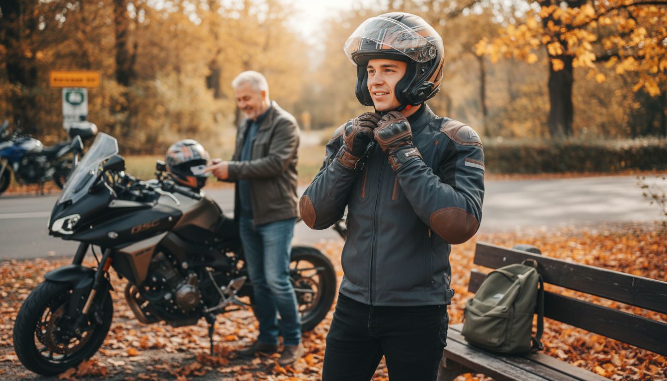 Junger Motorradfahrer zieht draußen im Herbst seine Motorradschutzausrüstung an, modernes Motorrad im Hintergrund