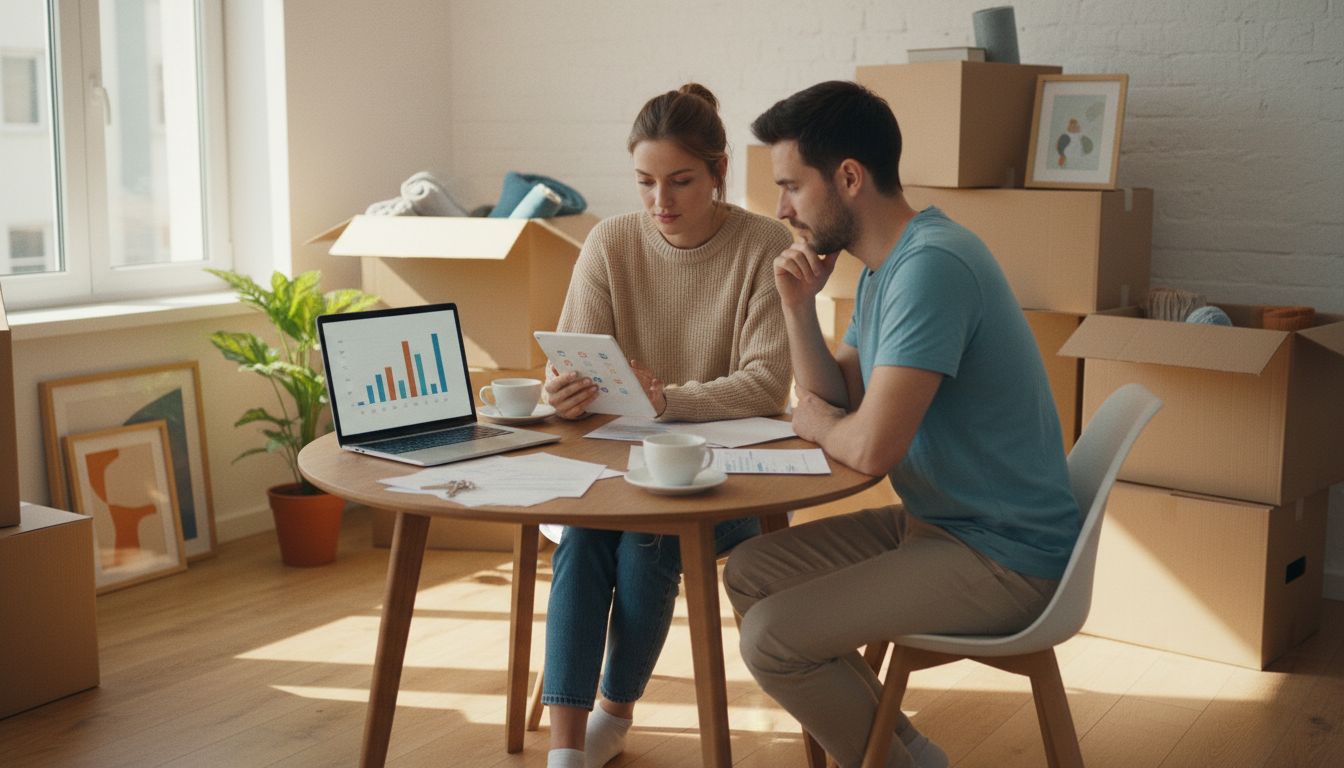 Junges europäisches Paar sitzt an rundem Tisch in neuer Wohnung und überprüft digitale Umzug Checkliste auf Tablet, umgeben von Umzugskartons