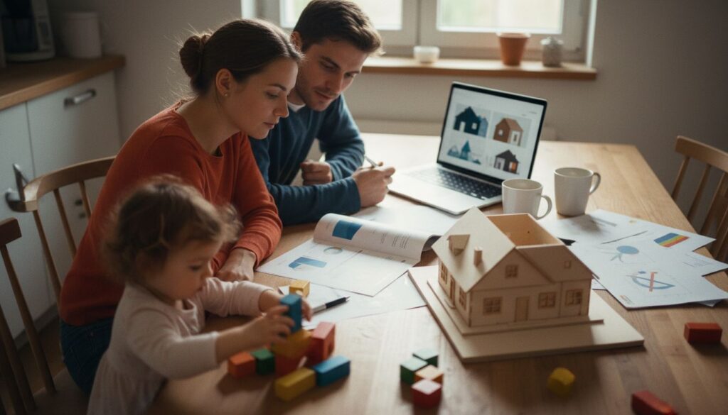 Junge Familie bespricht Hauskaufpläne am sonnigen Küchentisch mit Hausmodell und Kinderspielzeug