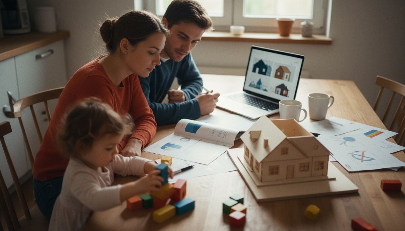 Junge Familie bespricht Hauskaufpläne am sonnigen Küchentisch mit Hausmodell und Kinderspielzeug