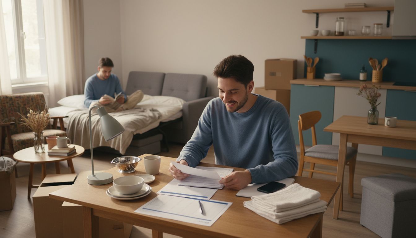 Junger Erwachsener plant im Wohnraum sitzend seine Erstausstattung für die erste Wohnung
