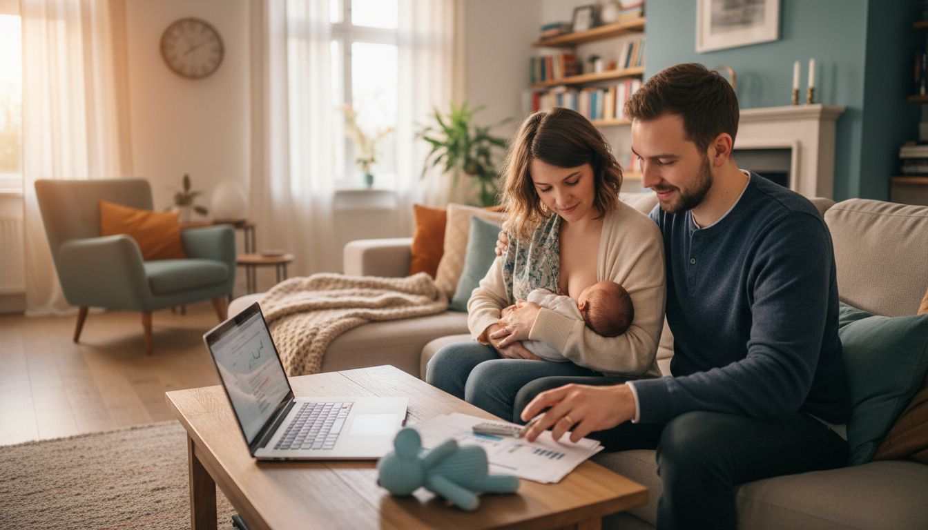 Junges Elternpaar mit Neugeborenem beim Finanzcheck zu Hause