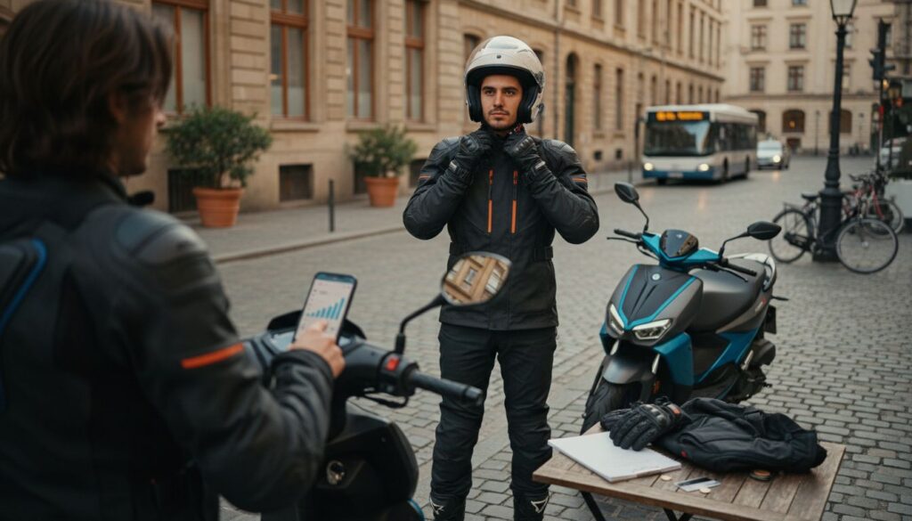 Junger europäischer Motorradfahrer prüft Ausrüstung neben 125cc Moped in urbanem Umfeld