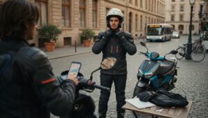 Junger europäischer Motorradfahrer prüft Ausrüstung neben 125cc Moped in urbanem Umfeld