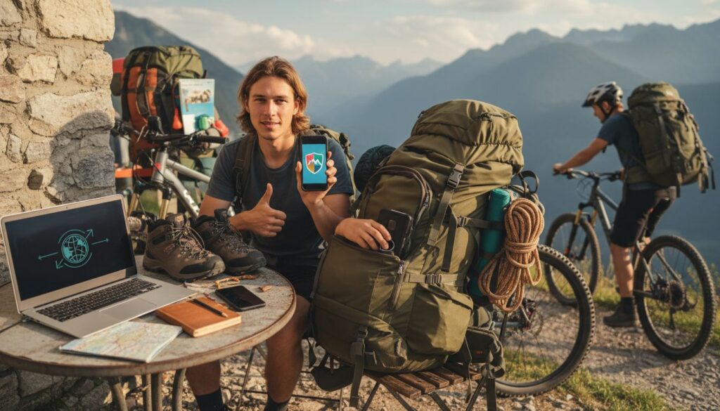 Backpacker sichert seine Technik beim Reisen mit Versicherungsschutz