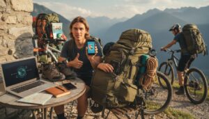 Backpacker sichert seine Technik beim Reisen mit Versicherungsschutz