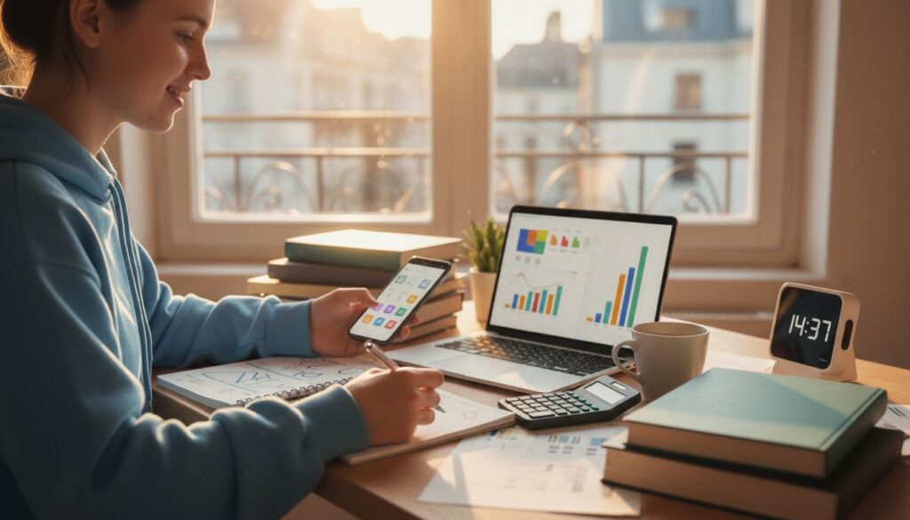 Studentin arbeitet am Schreibtisch mit Laptop, Smartphone und Finanzunterlagen