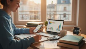 Studentin arbeitet am Schreibtisch mit Laptop, Smartphone und Finanzunterlagen