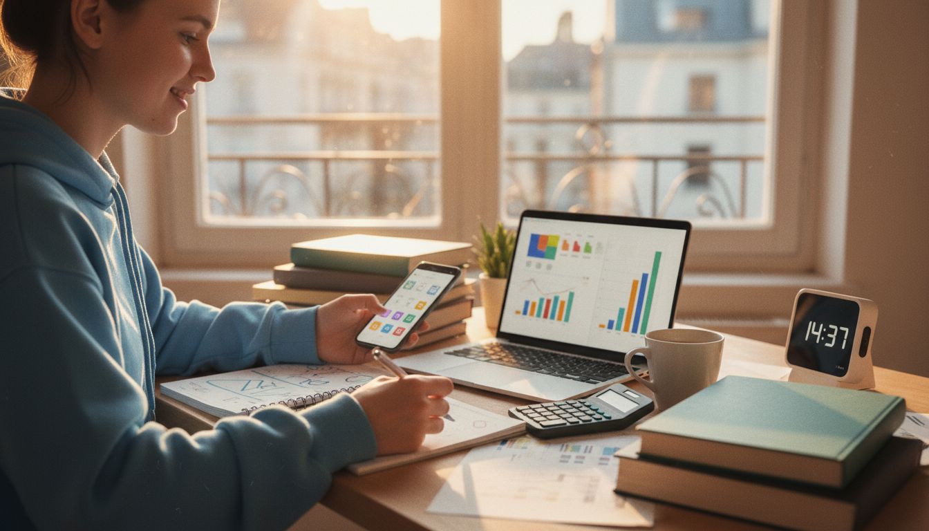 Studentin arbeitet am Schreibtisch mit Laptop, Smartphone und Finanzunterlagen