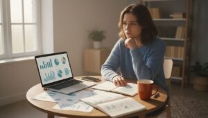 Junger Freelancer am Schreibtisch betrachtet Versicherungsdiagramme auf Laptop