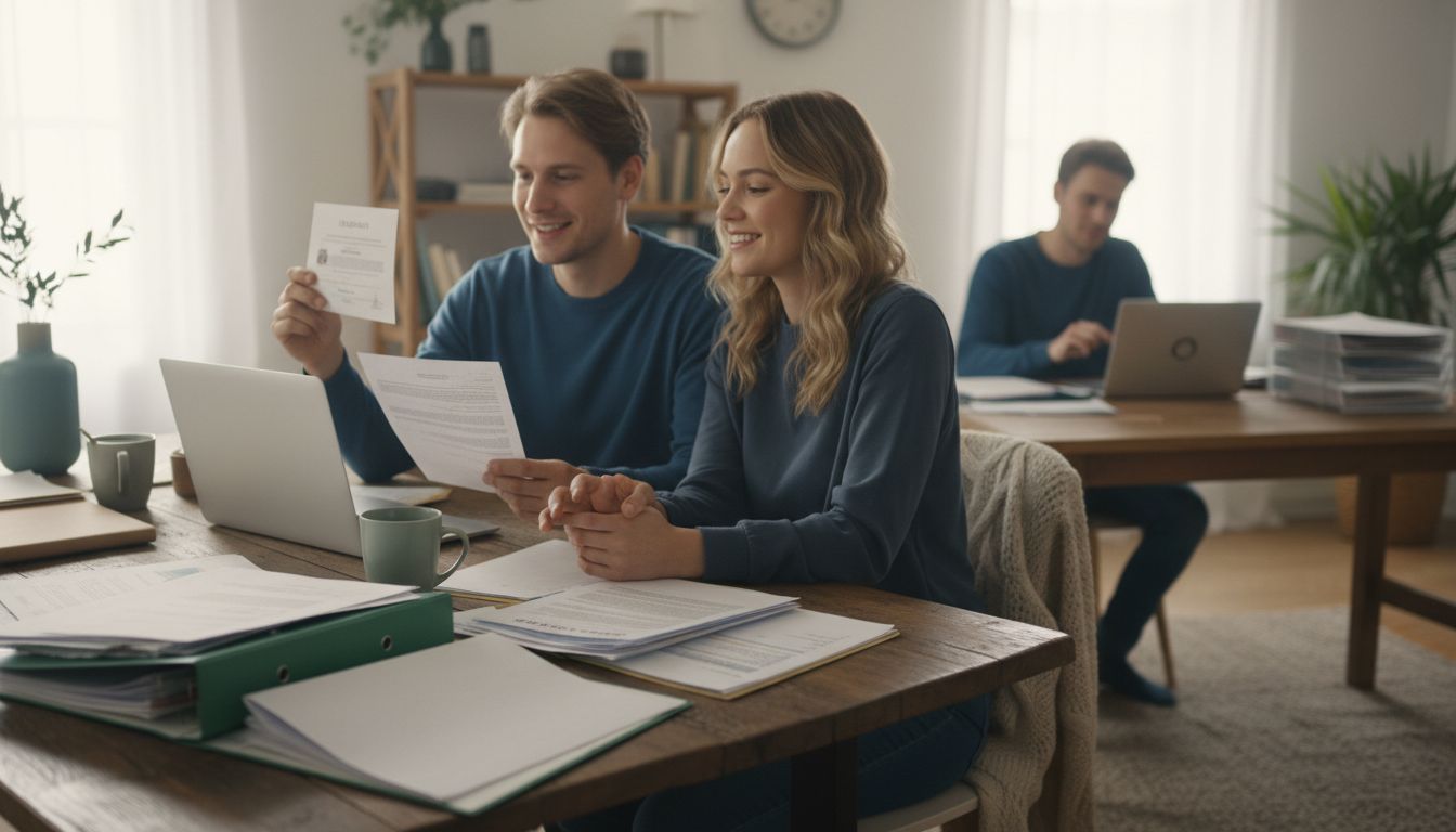 Paar organisiert gemeinsam Versicherungsunterlagen nach der Hochzeit