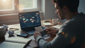 Junger Erwachsener mit Hardware-Wallet und Laptop beim Krypto investieren