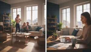 Junges Paar packt erleichtert Kartons in heller Wohnung mit Tageslicht aus