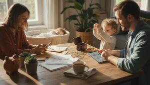 Junge Familie mit Baby bei Finanzplanung mit Tablet, Smartphone und Münzen am Tisch