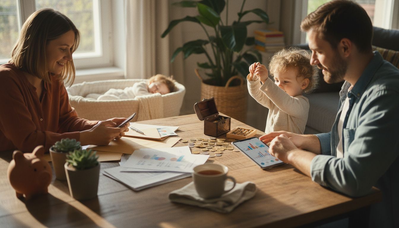 Junge Familie mit Baby bei Finanzplanung mit Tablet, Smartphone und Münzen am Tisch