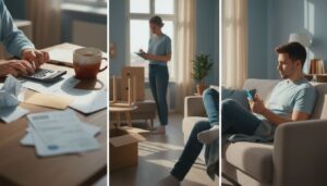 Junger Erwachsener plant die erste eigene Wohnung in moderner Umgebung mit Budgetunterlagen, Laptop und Smartphone