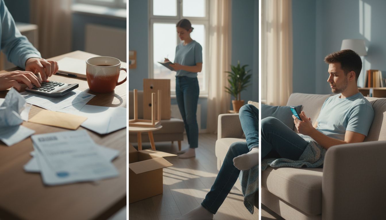 Junger Erwachsener plant die erste eigene Wohnung in moderner Umgebung mit Budgetunterlagen, Laptop und Smartphone