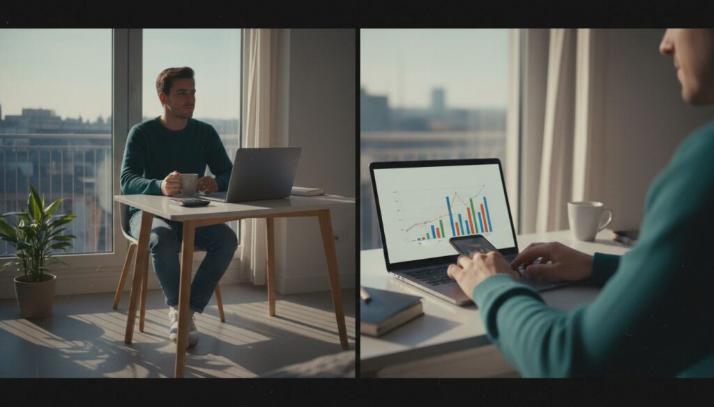 Junger Erwachsener prüft Finanzunterlagen am Laptop in urbanem Apartment